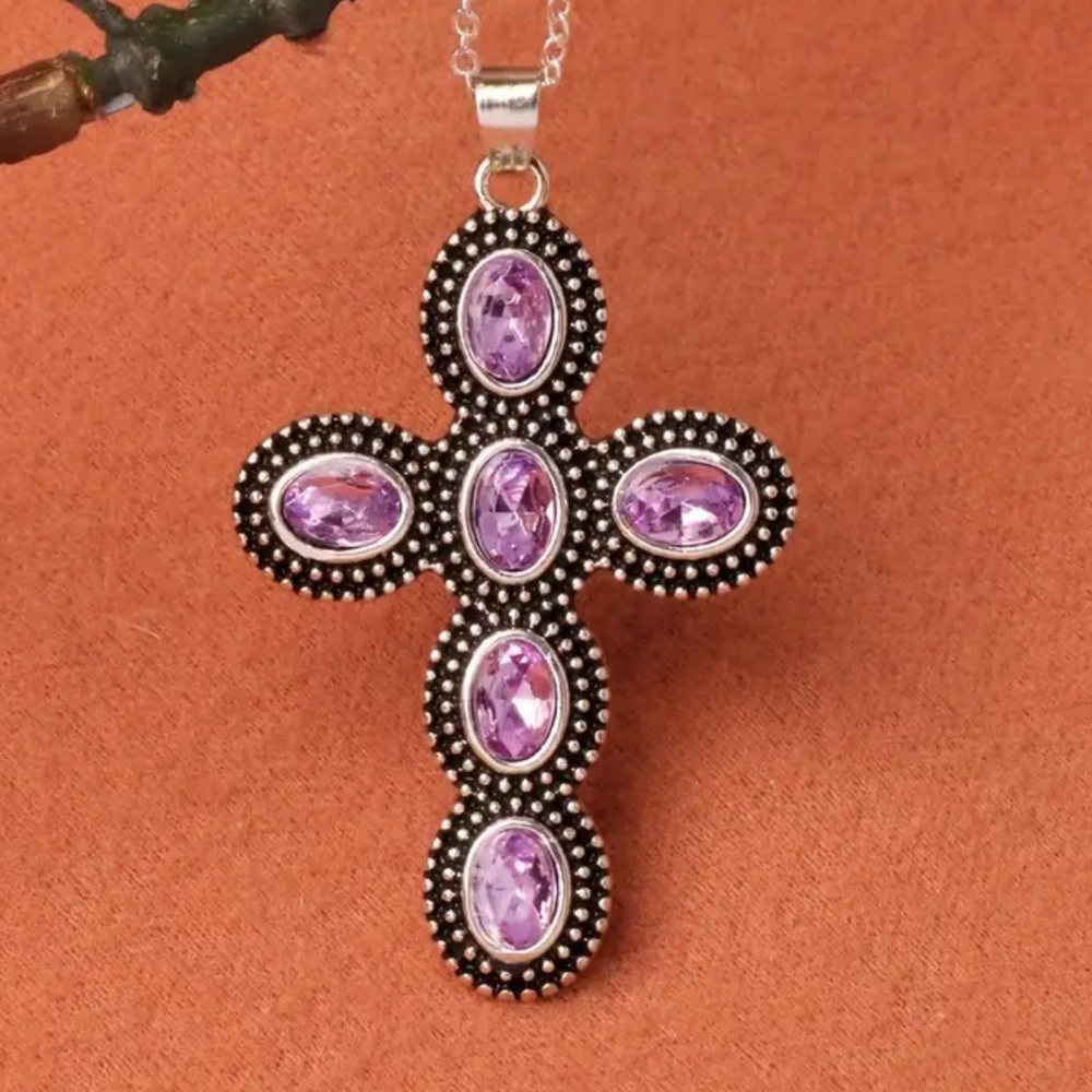 Purple Amethyst, Simulated, Retro Cross Pendant Silver Plated Necklace - Picture 2 of 8